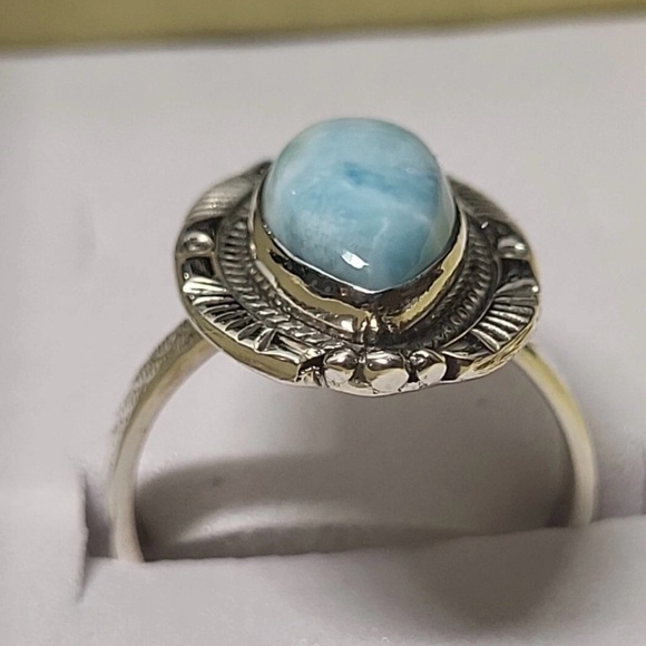 Sterling Silver Native American Larimar Gemstone Ring Sz 8 - Picture 4 of 5